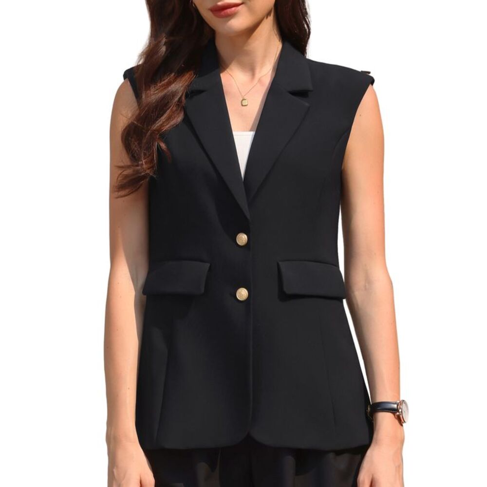 Women Business Casual Sleeveless Notch Lapel Blazer Vest Jacket Black